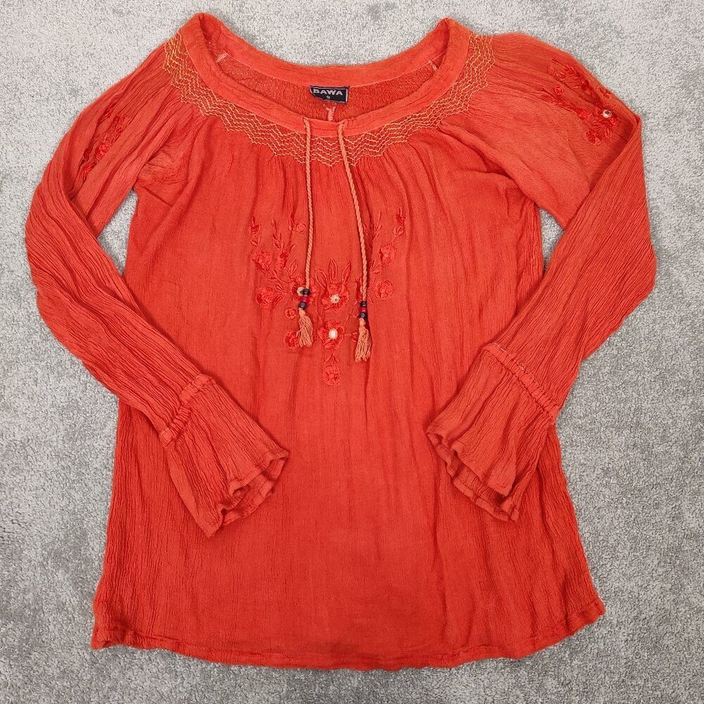 BAWA Women's Blouse Sz S Orange Red Rayon Crinkle Embroidery Floral Lightweight